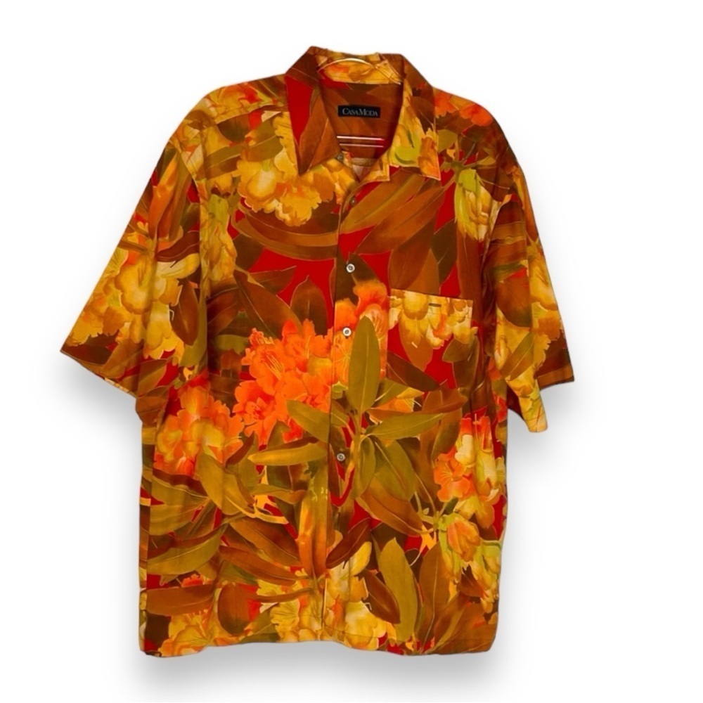Casa Moda Mens Hawaiian Shirt Cotton Red Yellow Orange Brown‎ Shortsleeve Size L